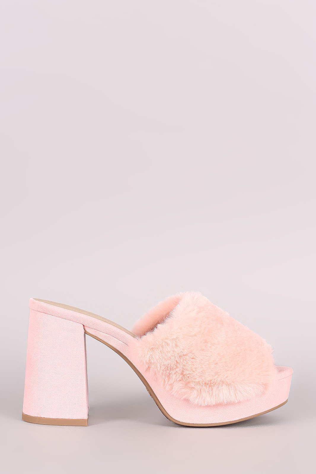 Qupid Fluffy Fur Trim Chunky Mule Heel