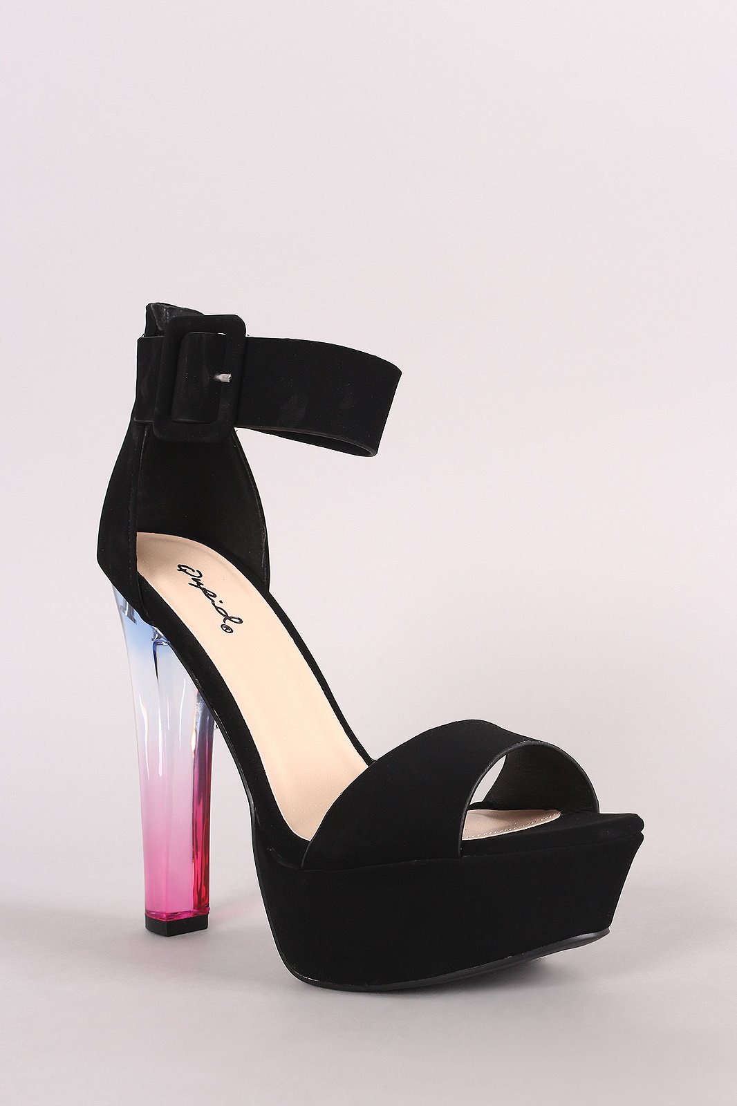 Qupid Nubuck Ankle Strap Platform Ombre Clear Heel