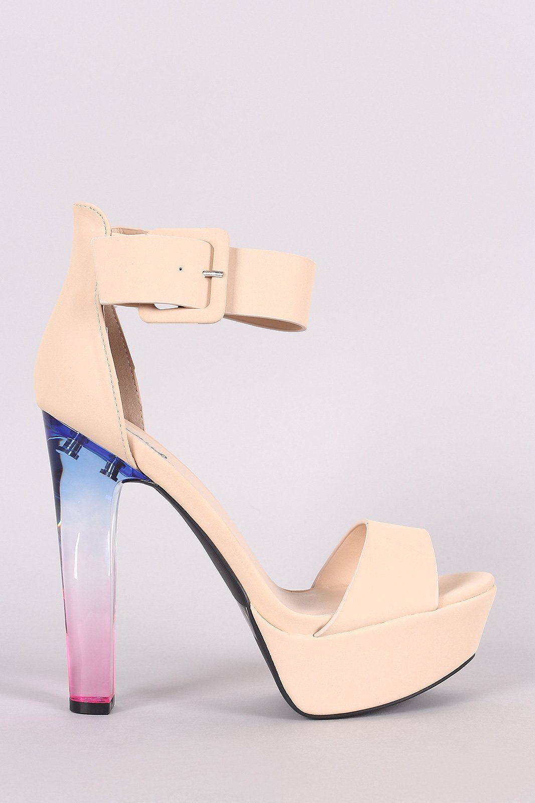Qupid Nubuck Ankle Strap Platform Ombre Clear Heel