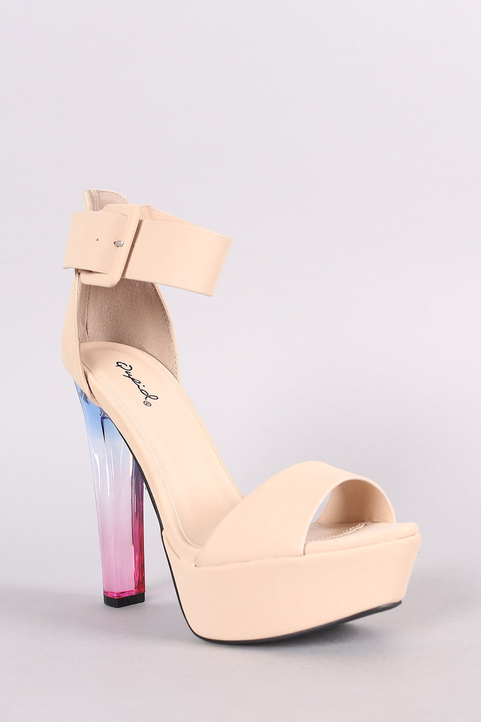 Qupid Nubuck Ankle Strap Platform Ombre Clear Heel