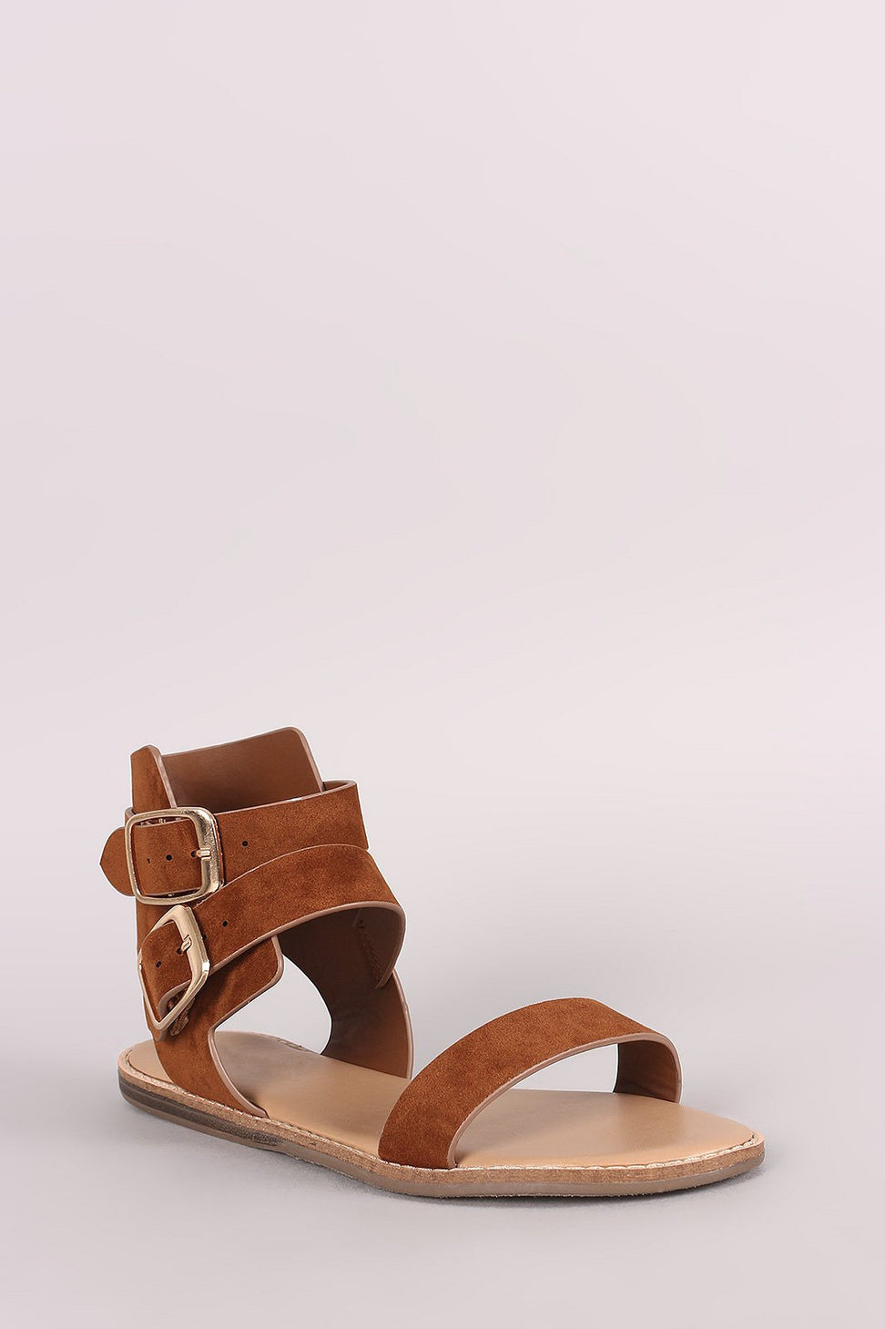 Bamboo Suede Double Buckled Ankle Strap Flat Sandal