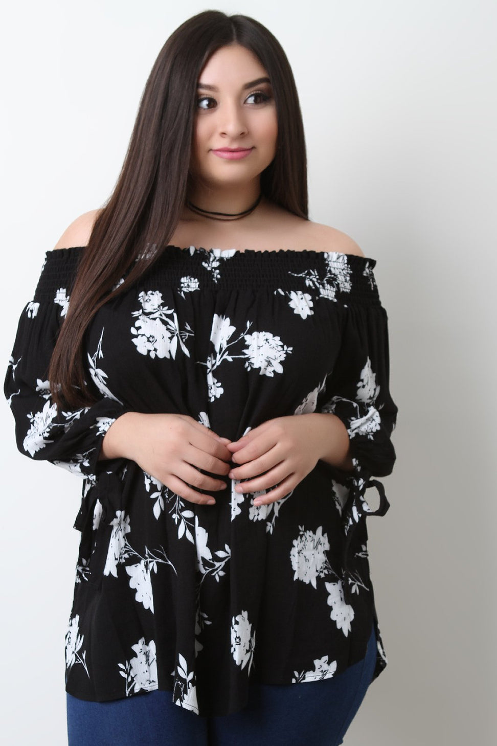 Floral Self-Tie Long Sleeve Bardot Top
