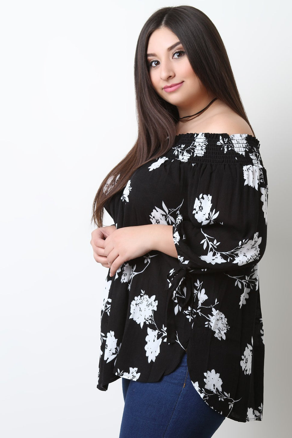 Floral Self-Tie Long Sleeve Bardot Top