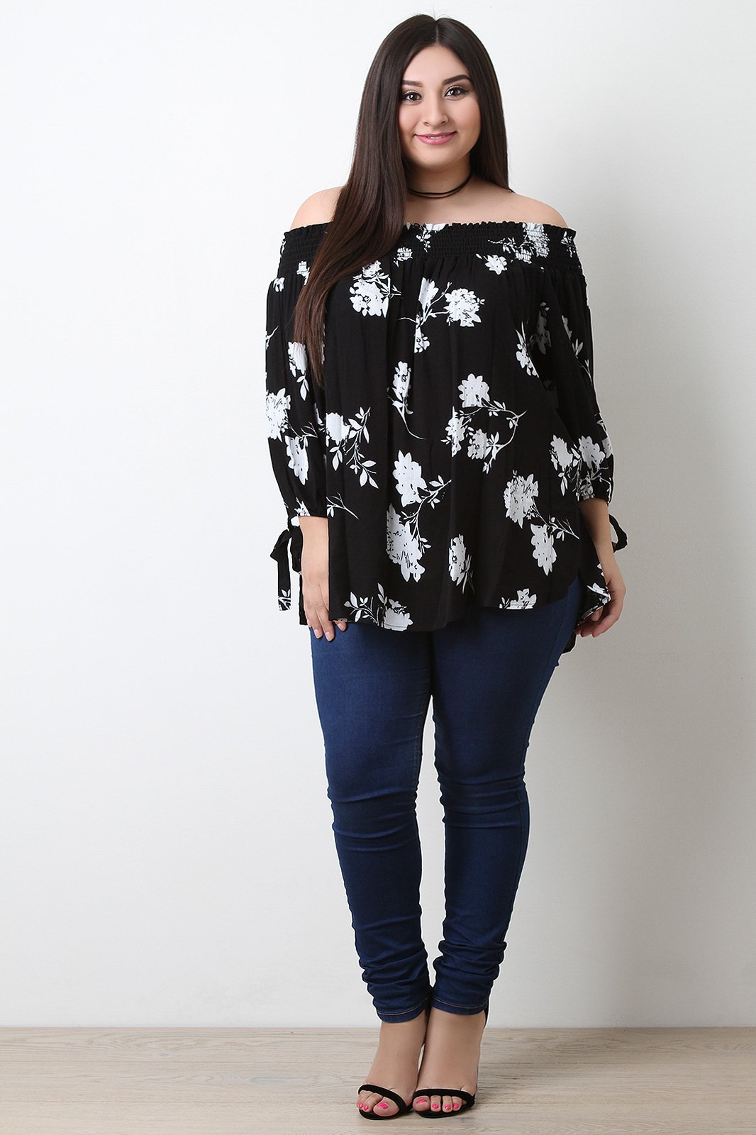 Floral Self-Tie Long Sleeve Bardot Top