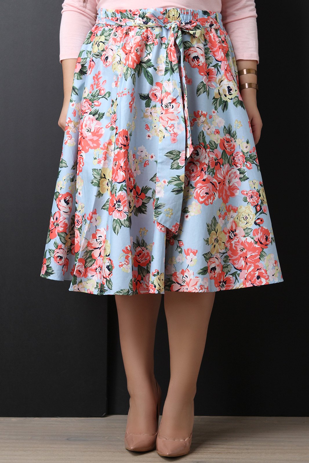 Floral Self-Tie Bow High Waisted Midi Skirt