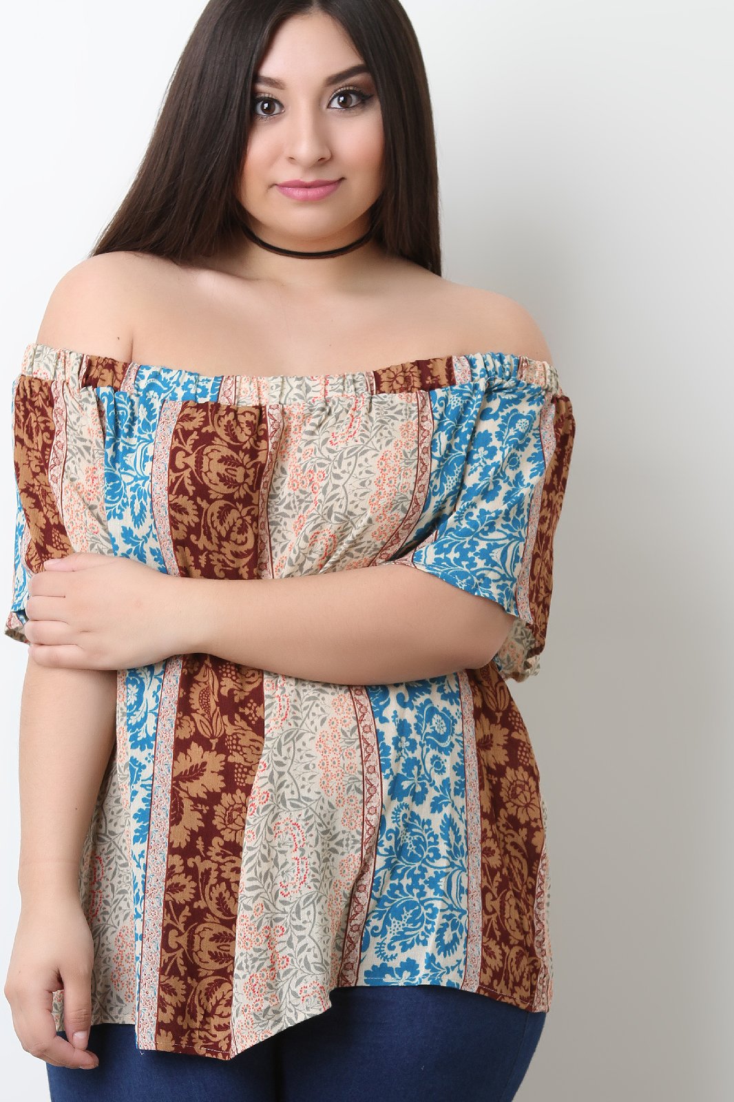 Mixed Print Off The Shoulder Boxy Top - NoveltyOne