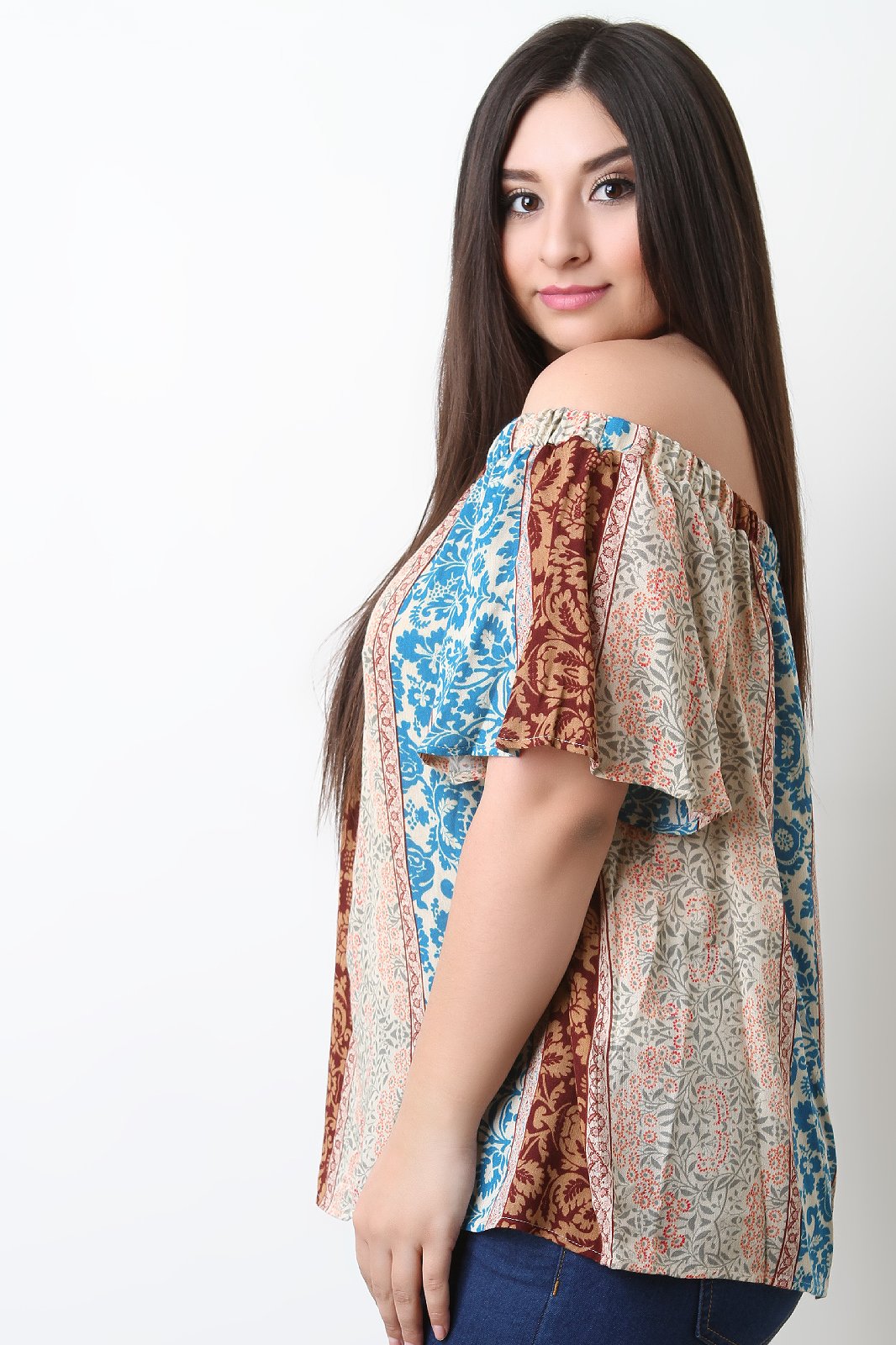 Mixed Print Off The Shoulder Boxy Top - NoveltyOne