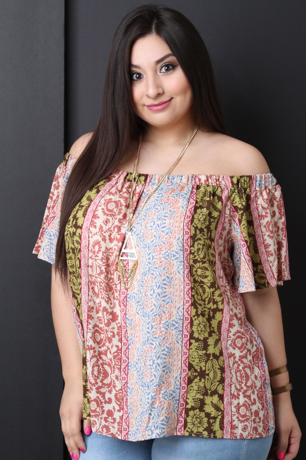 Mixed Print Off The Shoulder Boxy Top - NoveltyOne