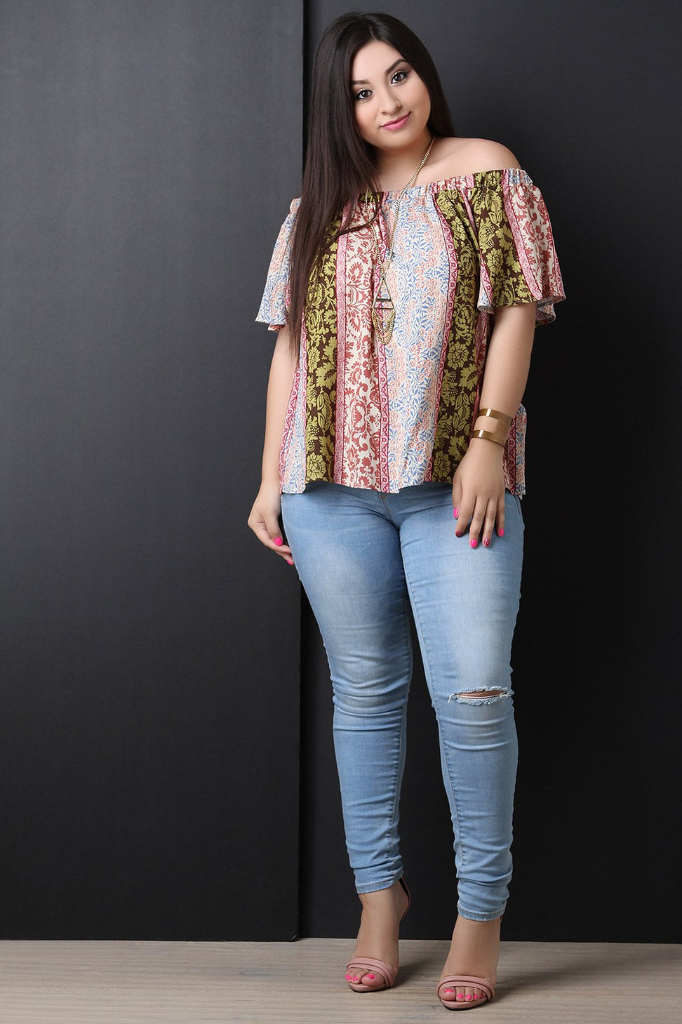 Mixed Print Off The Shoulder Boxy Top - NoveltyOne