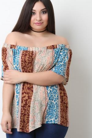 Mixed Print Off The Shoulder Boxy Top - NoveltyOne