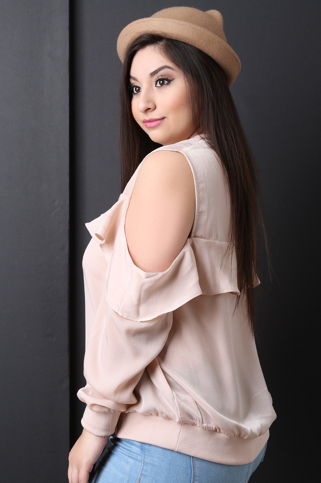 Satin Cold Shoulder Ruffle Accent Top