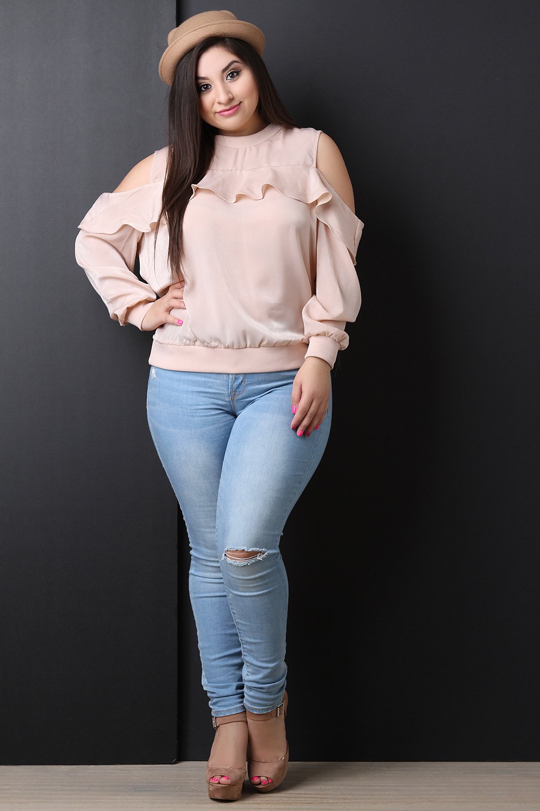 Satin Cold Shoulder Ruffle Accent Top