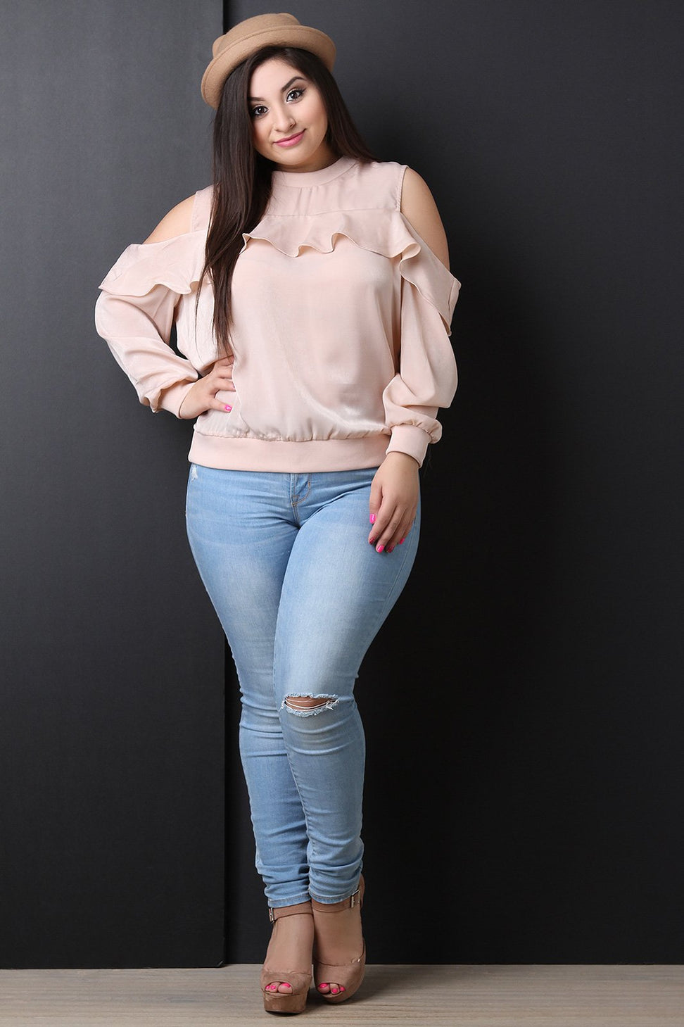 Satin Cold Shoulder Ruffle Accent Top