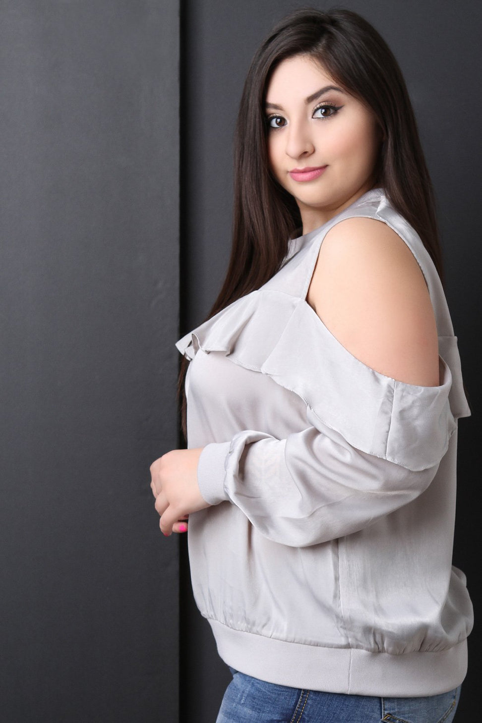 Satin Cold Shoulder Ruffle Accent Top