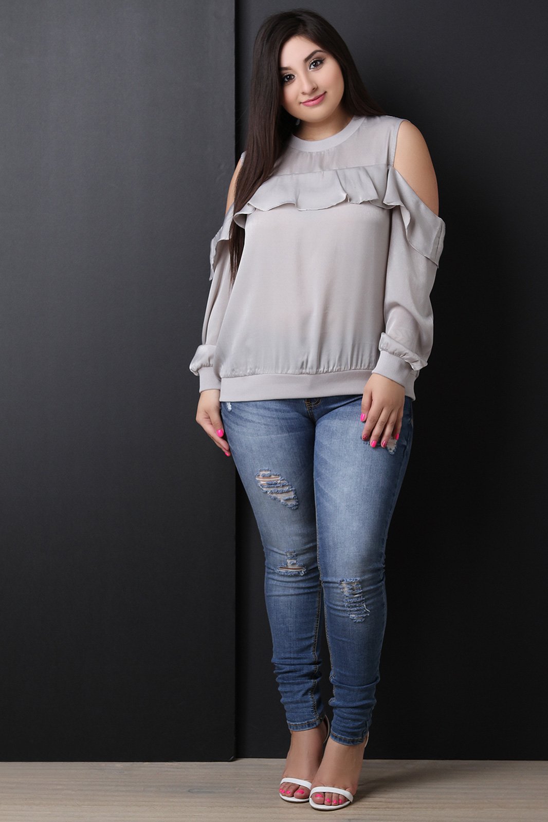 Satin Cold Shoulder Ruffle Accent Top
