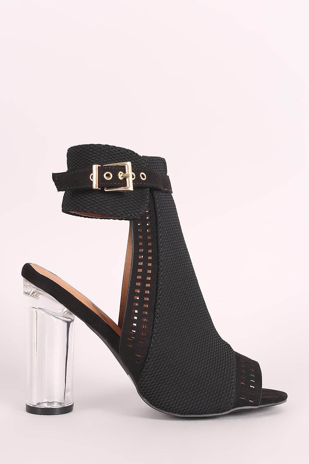 Qupid Perforated Suede Chunky Clear Heeled Mule Booties