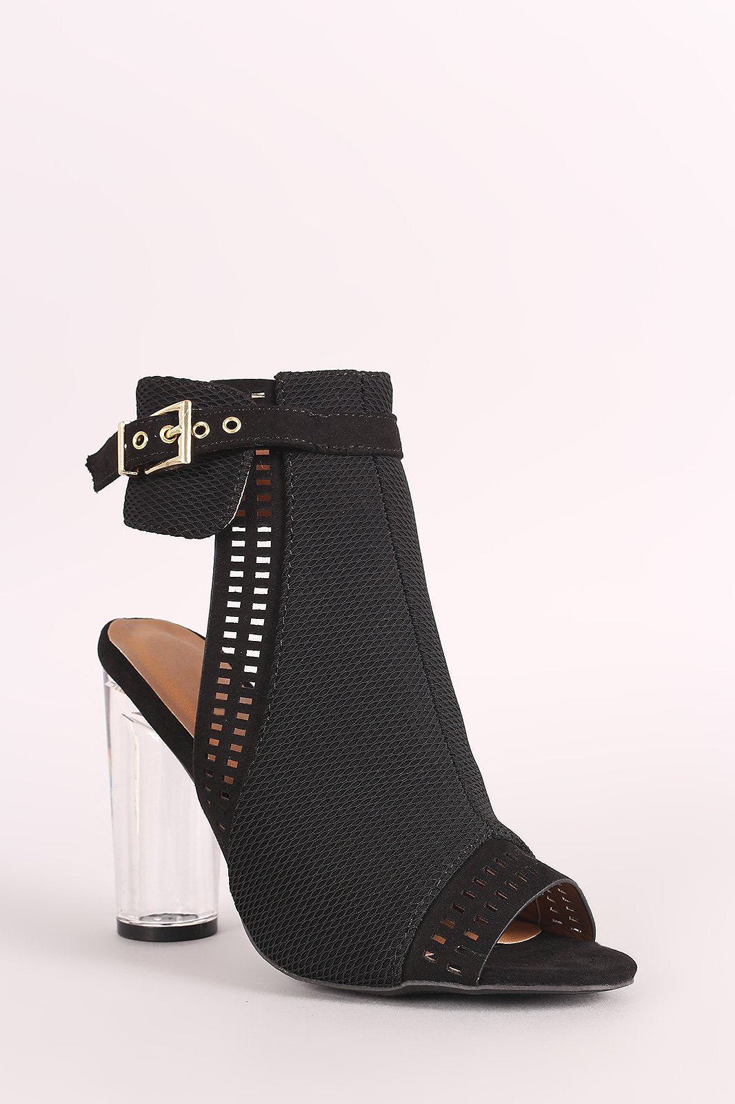 Qupid Perforated Suede Chunky Clear Heeled Mule Booties