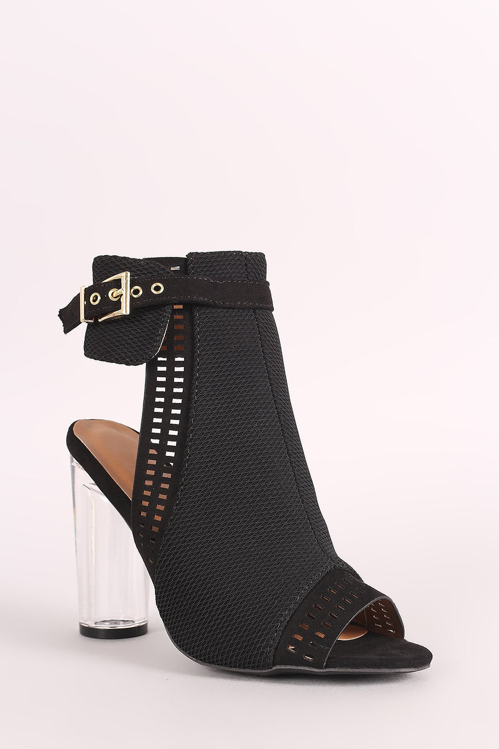 Qupid Perforated Suede Chunky Clear Heeled Mule Booties