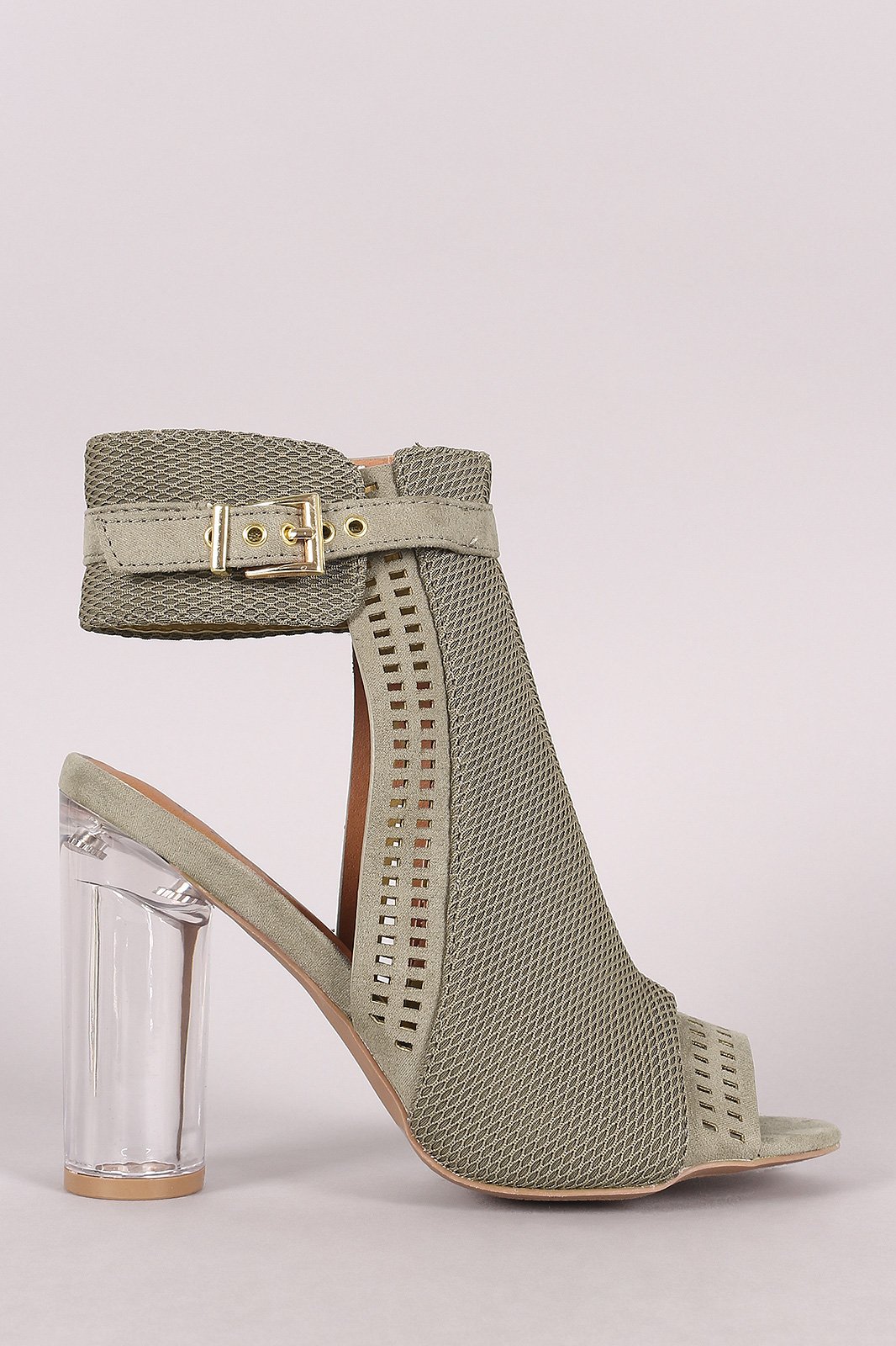 Qupid Perforated Suede Chunky Clear Heeled Mule Booties