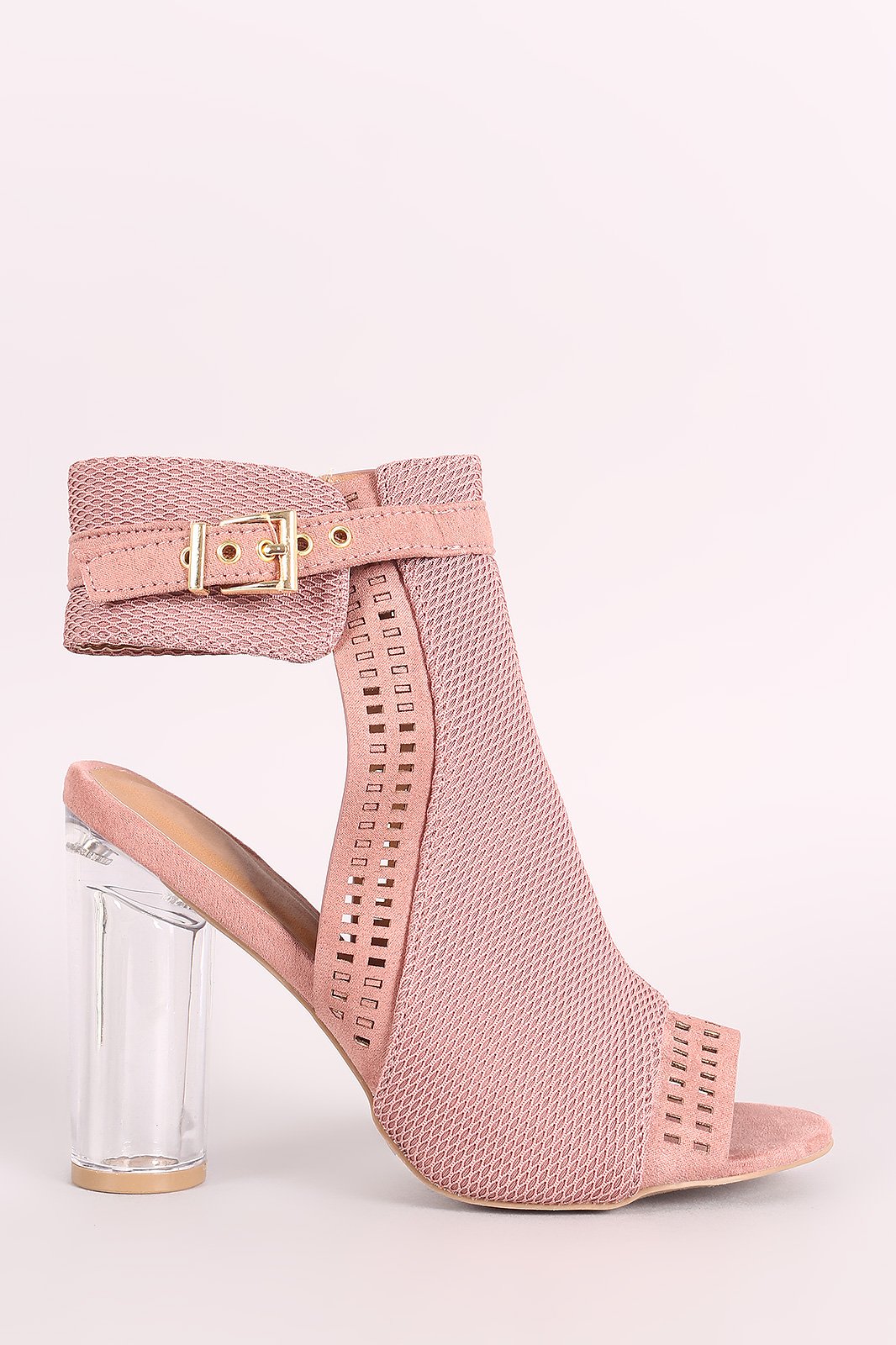 Qupid Perforated Suede Chunky Clear Heeled Mule Booties