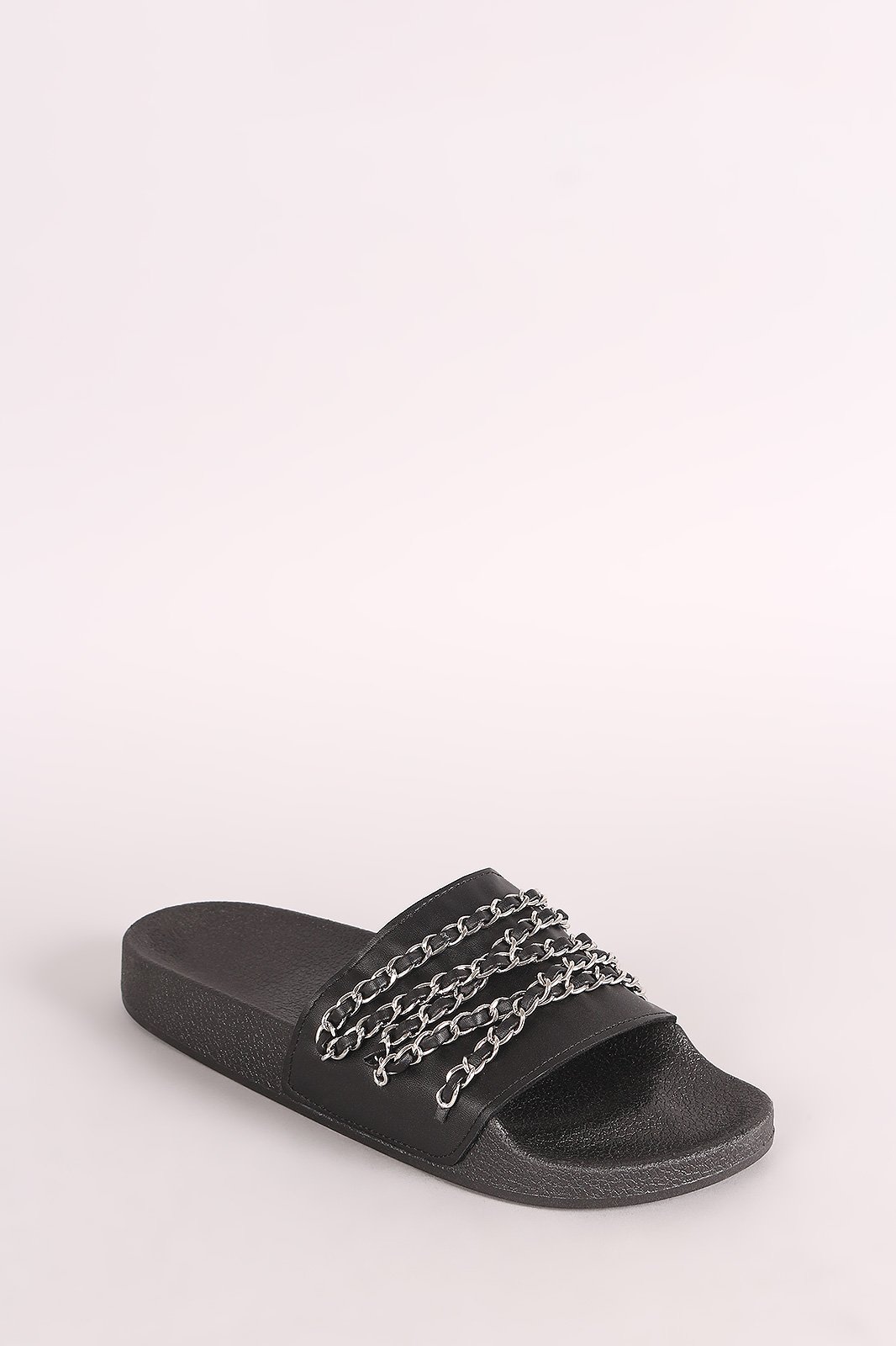 Qupid Chain Embellished Open Toe Slide Sandal