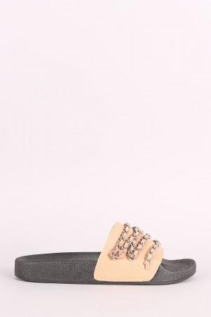 Qupid Chain Embellished Open Toe Slide Sandal