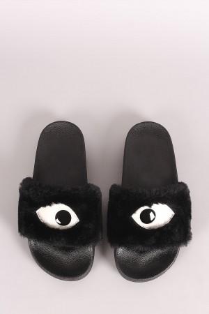 Qupid Eye Applique Faux Fur Sandal