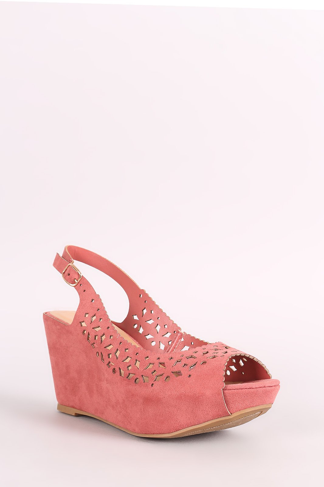 Bamboo Suede Perforated Peep Toe Slingback Platform Wedge
