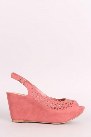 Bamboo Suede Perforated Peep Toe Slingback Platform Wedge