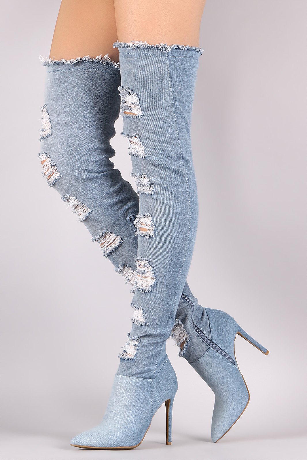Anne Michelle Shredded Denim Over-The-Knee Boots