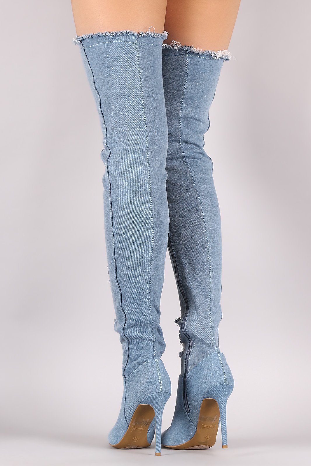 Anne Michelle Shredded Denim Over-The-Knee Boots