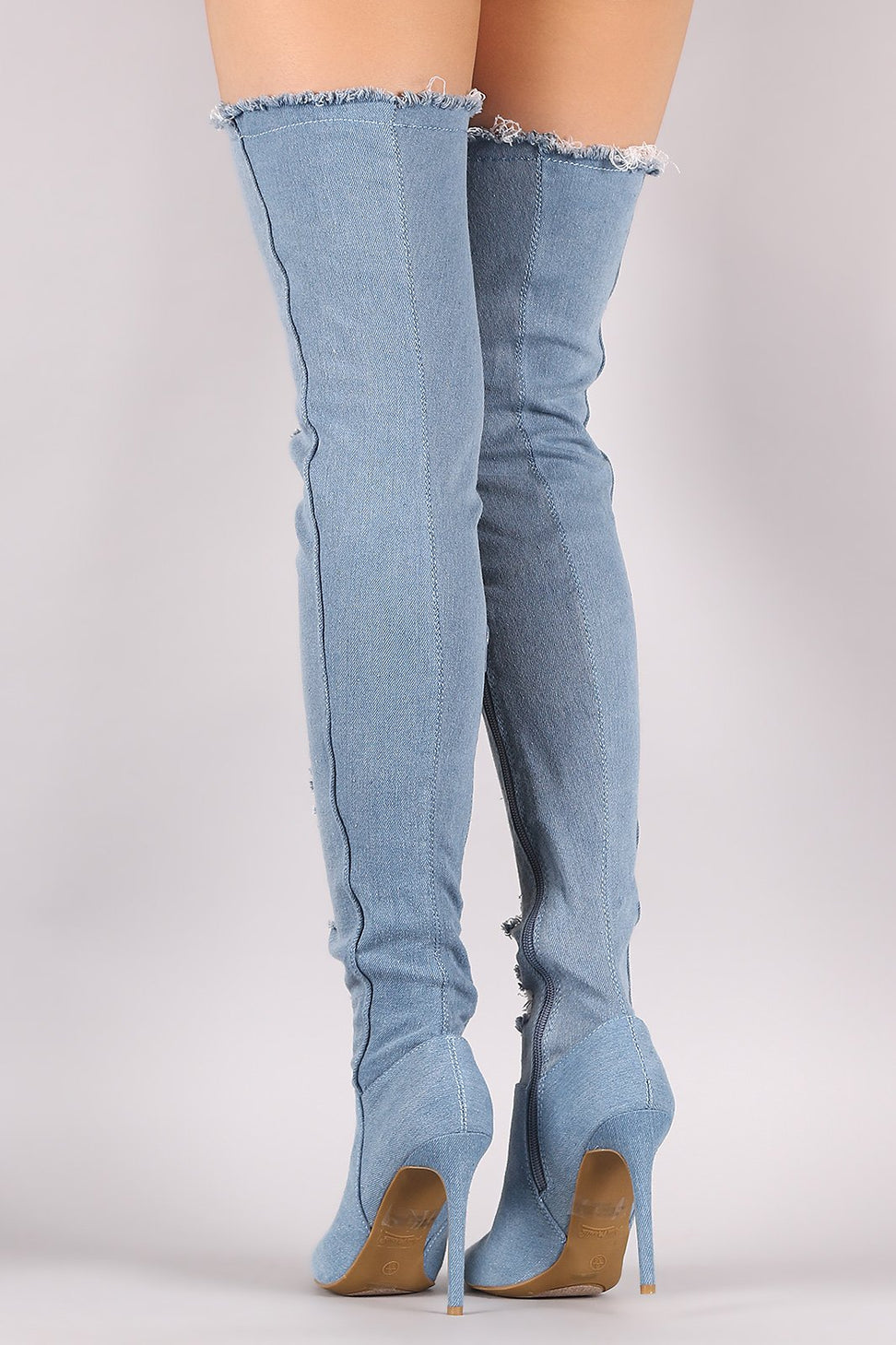 Anne Michelle Shredded Denim Over-The-Knee Boots