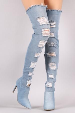 Anne Michelle Shredded Denim Over-The-Knee Boots