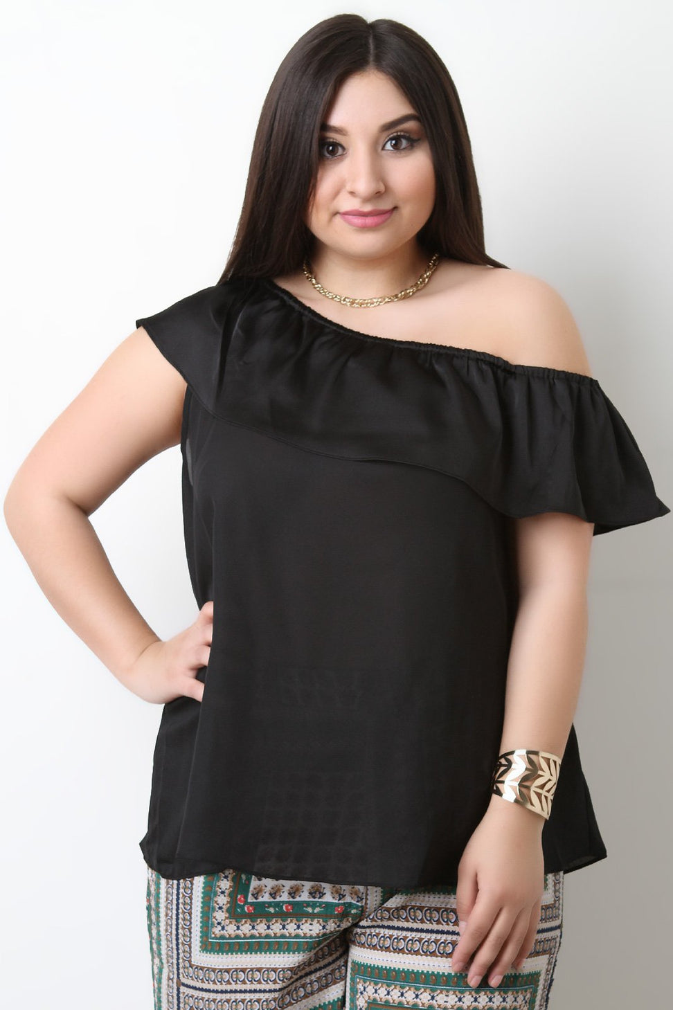 Asymmetrical One Shoulder Ruffle Satin Top