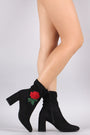 Delicious Embroidered Rosette Suede Chunky Heeled Booties