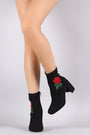Delicious Embroidered Rosette Suede Chunky Heeled Booties