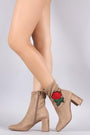 Delicious Embroidered Rosette Suede Chunky Heeled Booties