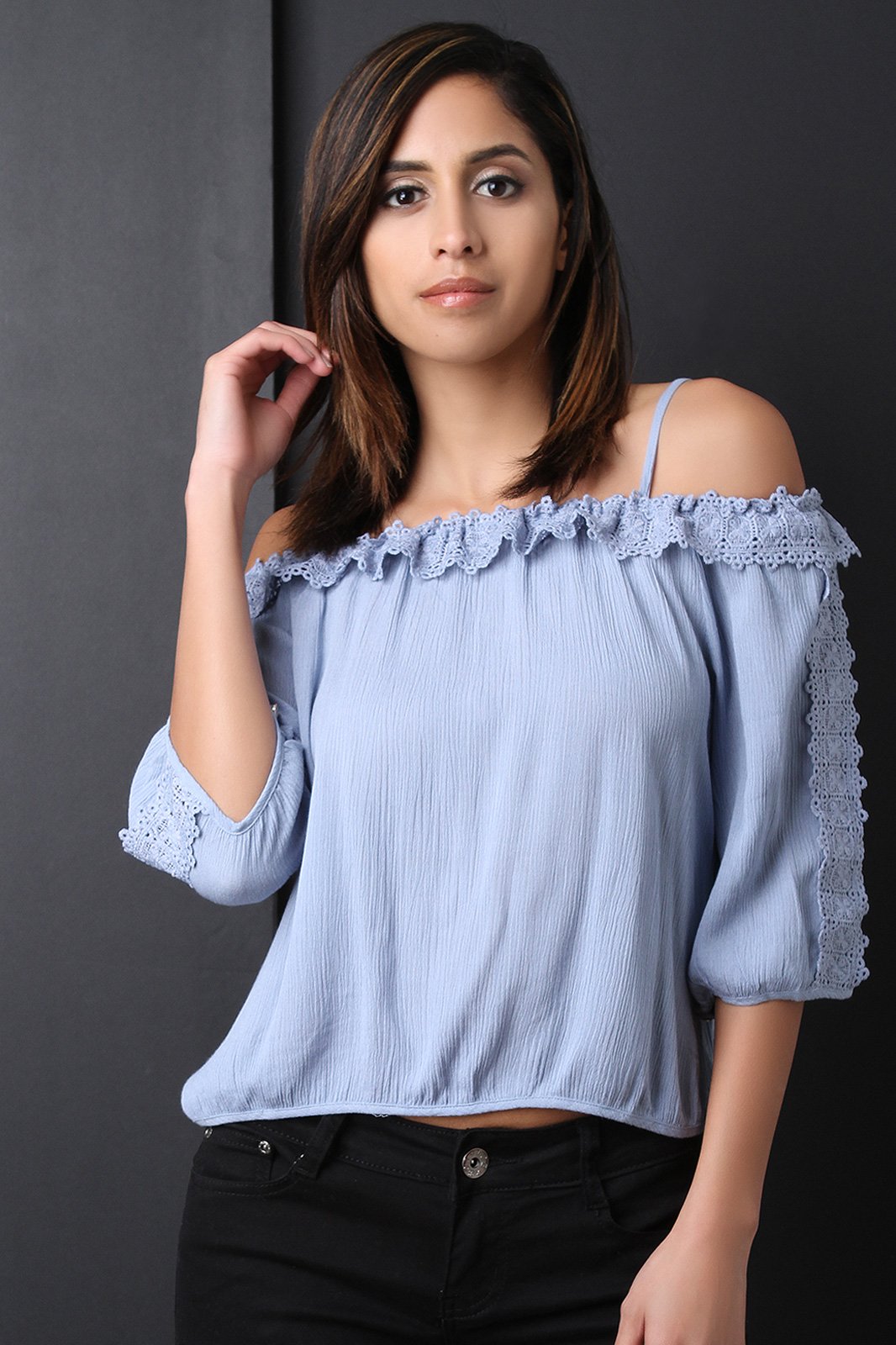 Crochet-Trim Quarter Sleeves Cold Shoulder Top