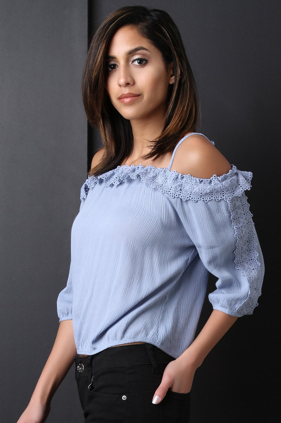 Crochet-Trim Quarter Sleeves Cold Shoulder Top