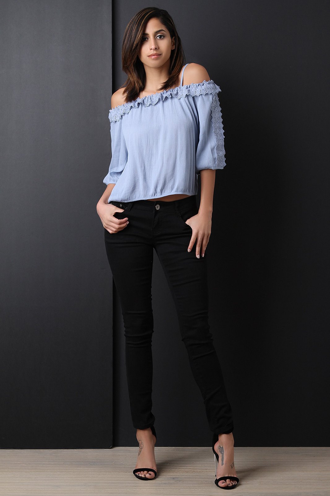 Crochet-Trim Quarter Sleeves Cold Shoulder Top