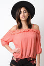 Crochet-Trim Quarter Sleeves Cold Shoulder Top
