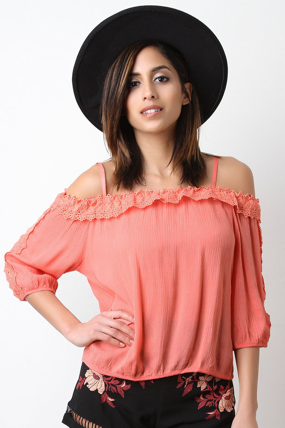 Crochet-Trim Quarter Sleeves Cold Shoulder Top