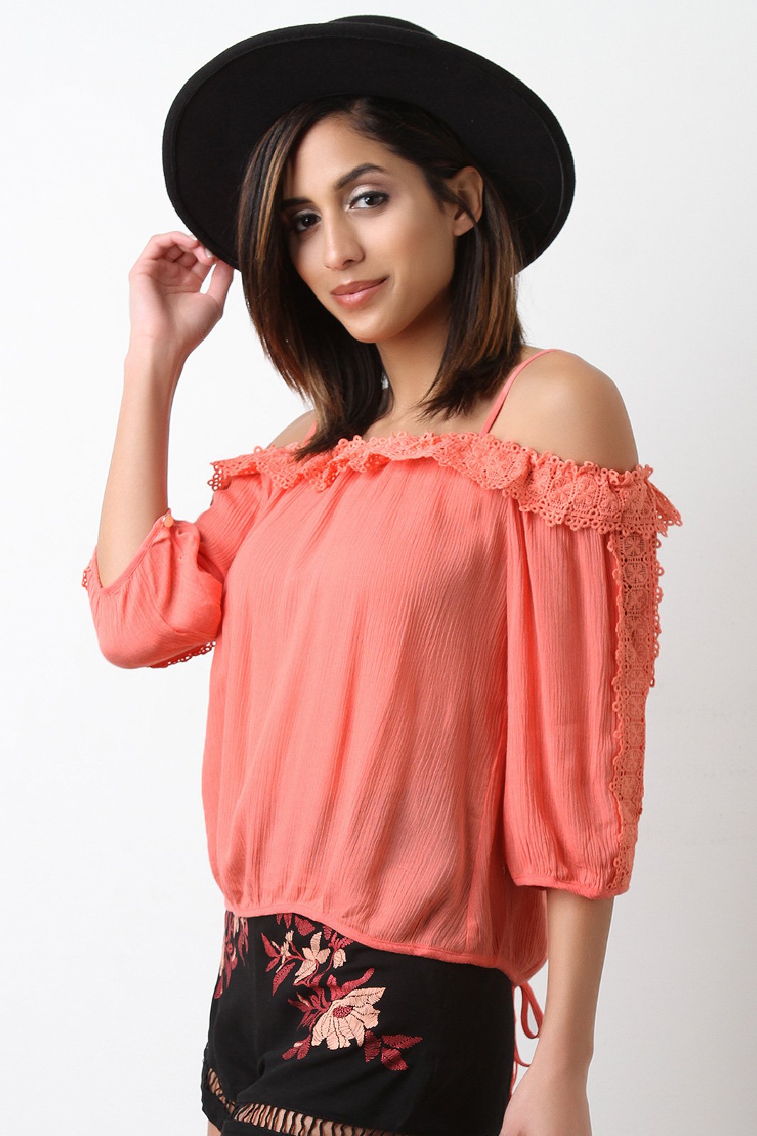 Crochet-Trim Quarter Sleeves Cold Shoulder Top