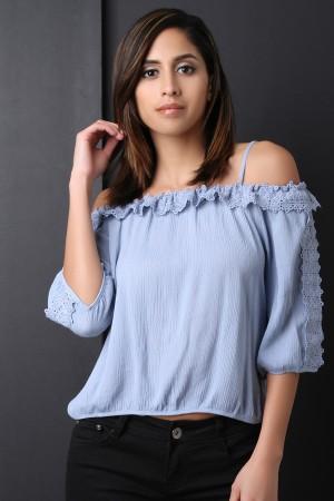 Crochet-Trim Quarter Sleeves Cold Shoulder Top