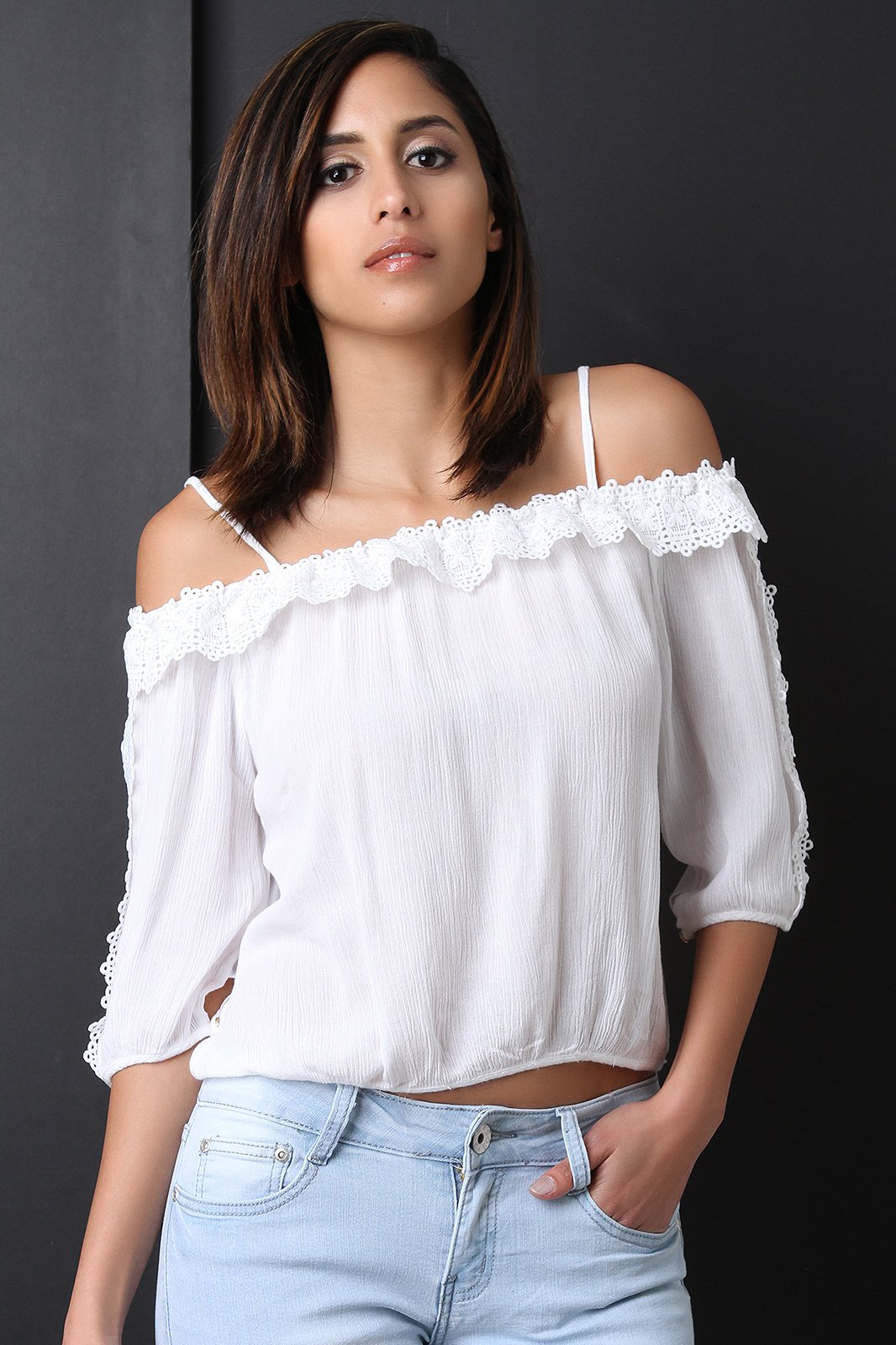 Crochet-Trim Quarter Sleeves Cold Shoulder Top