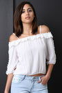 Crochet-Trim Quarter Sleeves Cold Shoulder Top