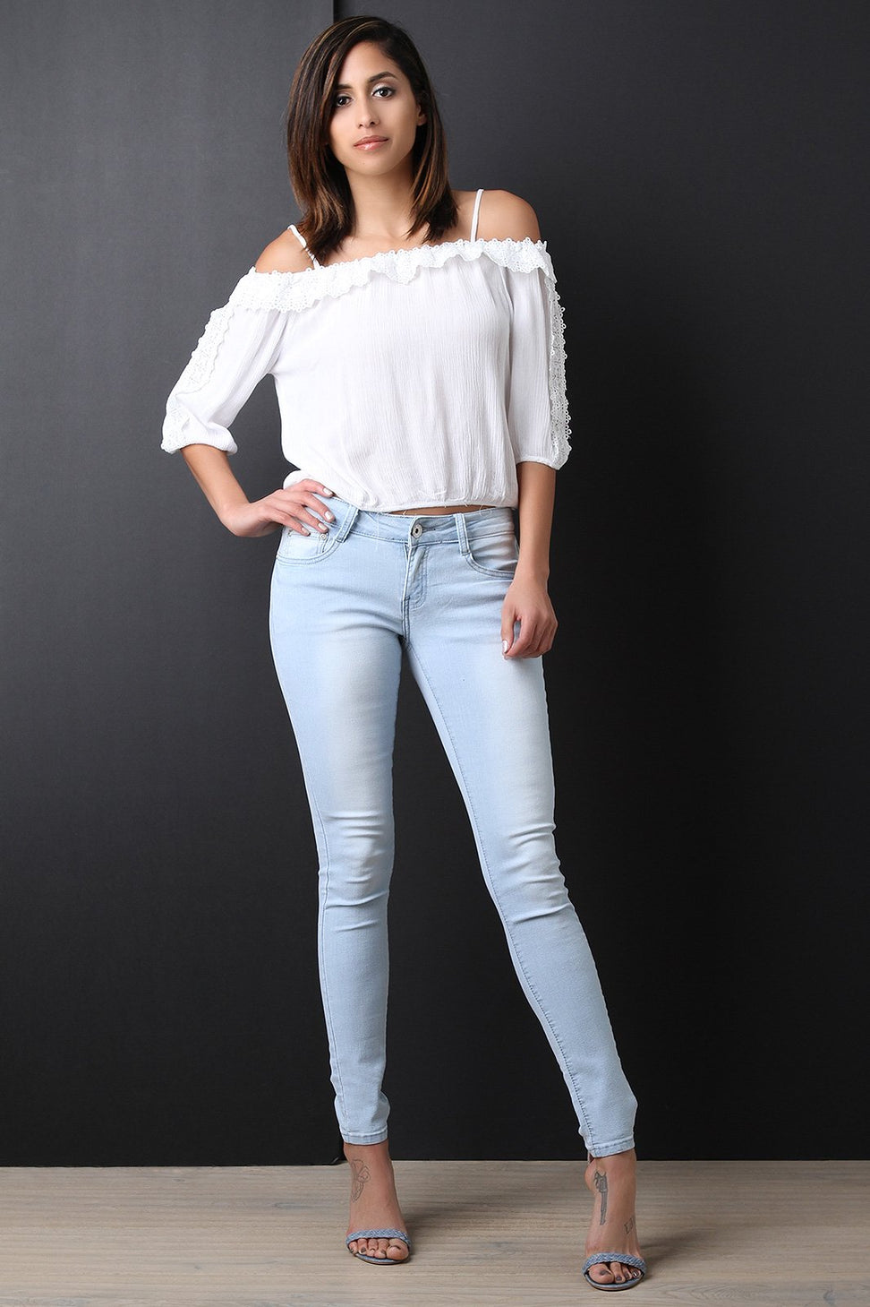 Crochet-Trim Quarter Sleeves Cold Shoulder Top