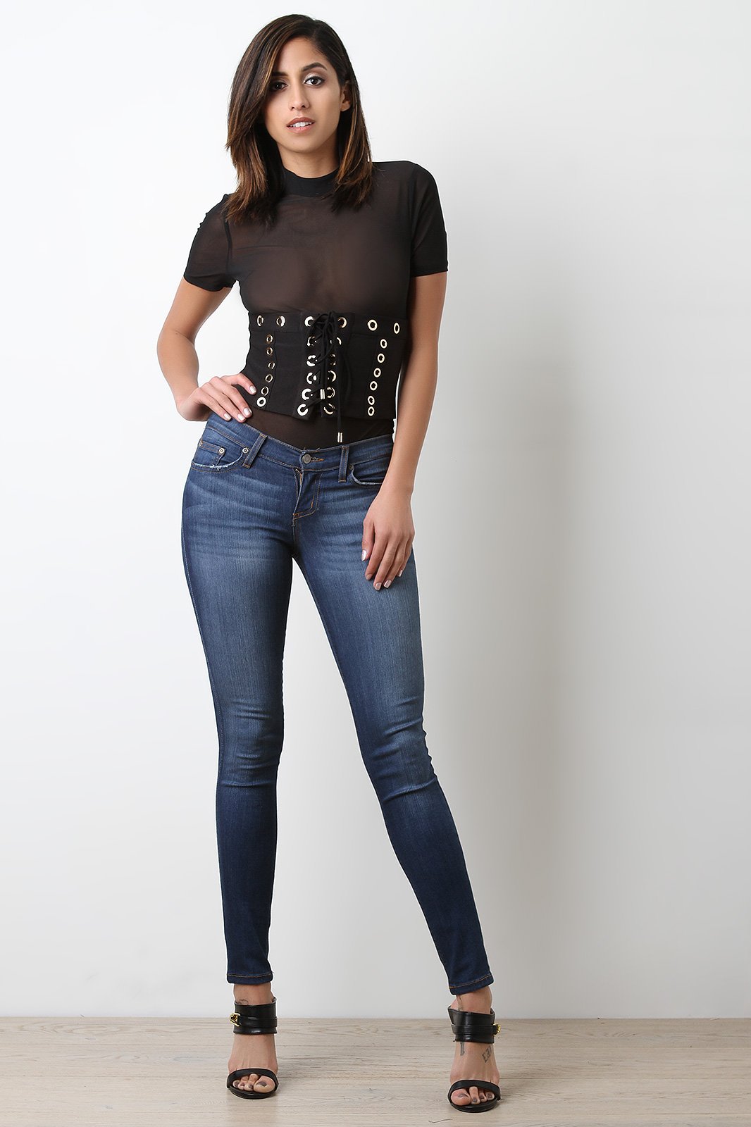 Semi-Sheer Mesh Eyelet Corset Bodysuit