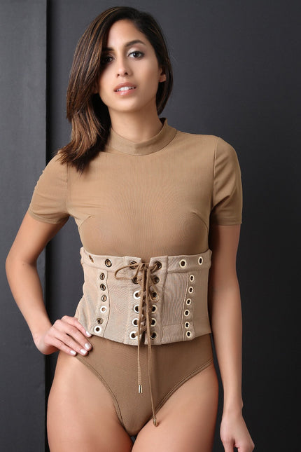 Semi-Sheer Mesh Eyelet Corset Bodysuit