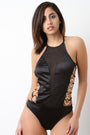Satin Semi-Sheer Mesh Ring Open Sides Bodysuit